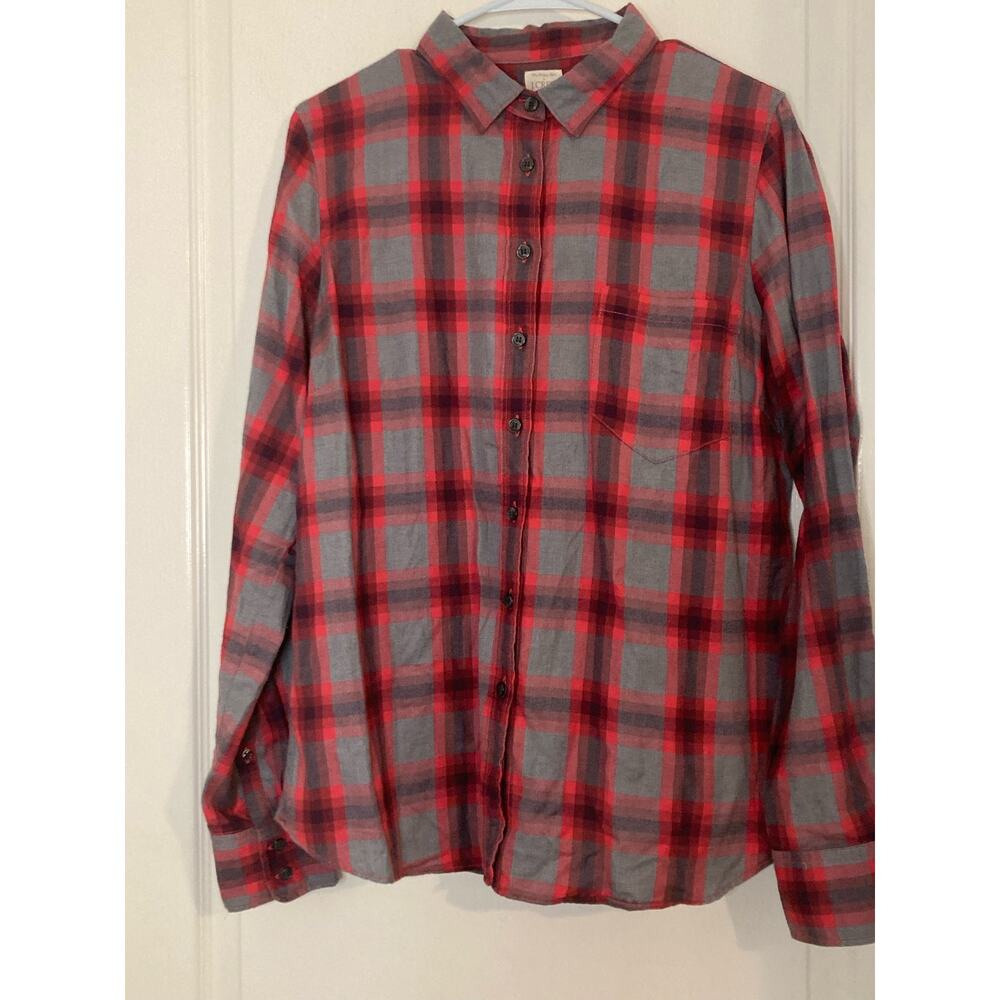 J.Crew Mens Flannel Shirt Gray Red Plaid Long Sleeve Button Down Casual‎ Top L